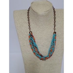 Chunky Faux Turquoise Orange Glass Beads Goldtone MultiStrand Statement Necklace